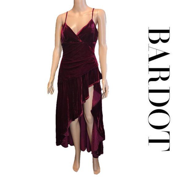 Bardot Sorella Velour Asymmetric Midi Dress NWOT Red Med tear at zipper - Picture 1 of 12